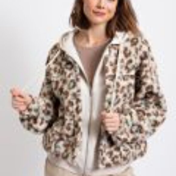 Leopard Print Sherpa Hoodie Jacket - Picture 2 of 2